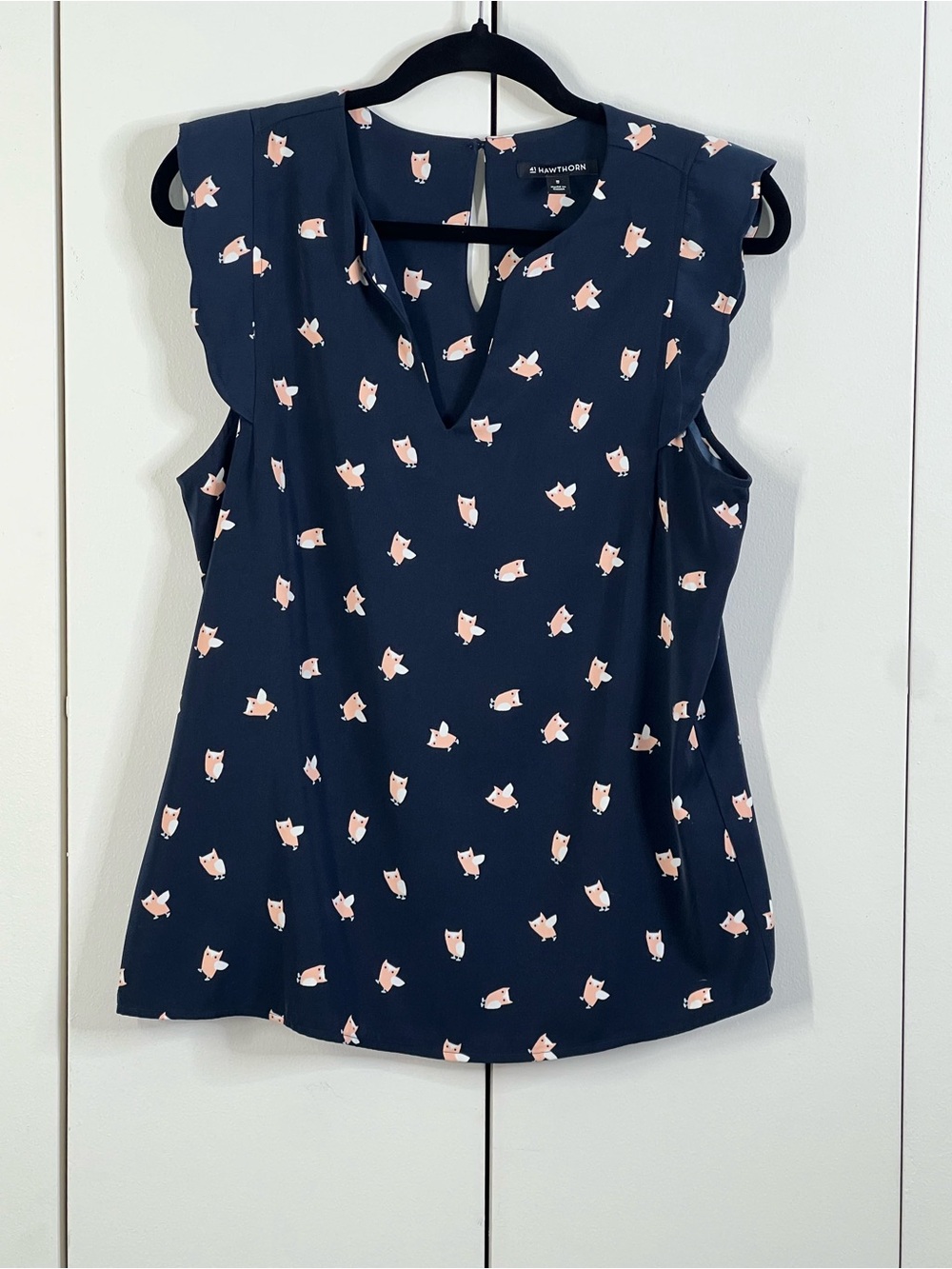 41 Hawthorn Navy Owl Print Flutter Sleeve Blouse Size Medium M Cute Career Top